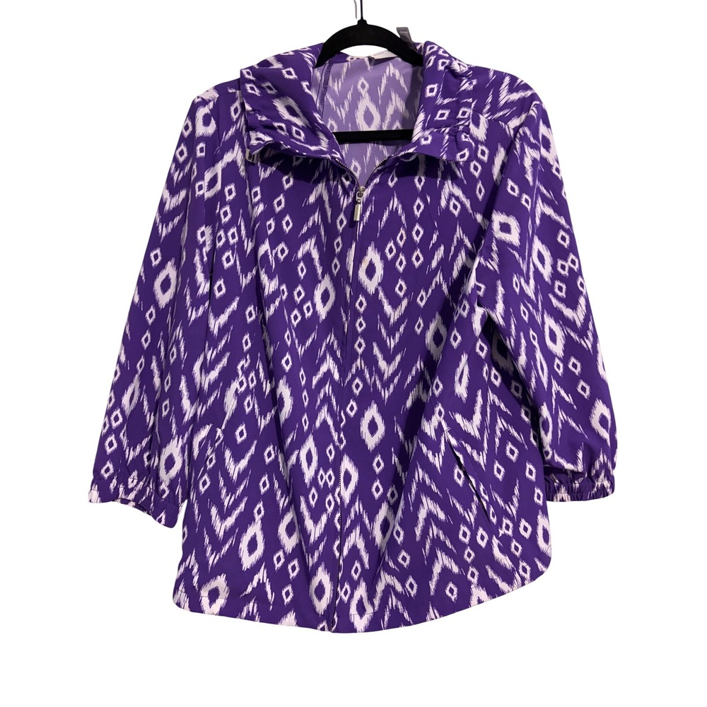 Zenergy by Chico's Jacket Ikat Diamond Purple‎ Ruffle Zip Up Size 2 Large